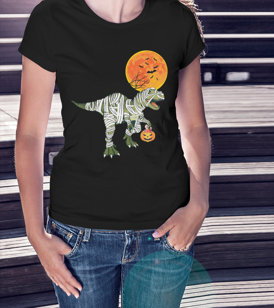 Dinosaur Halloween Mummy With Pumpkin And Full Moon Background T-Shirt