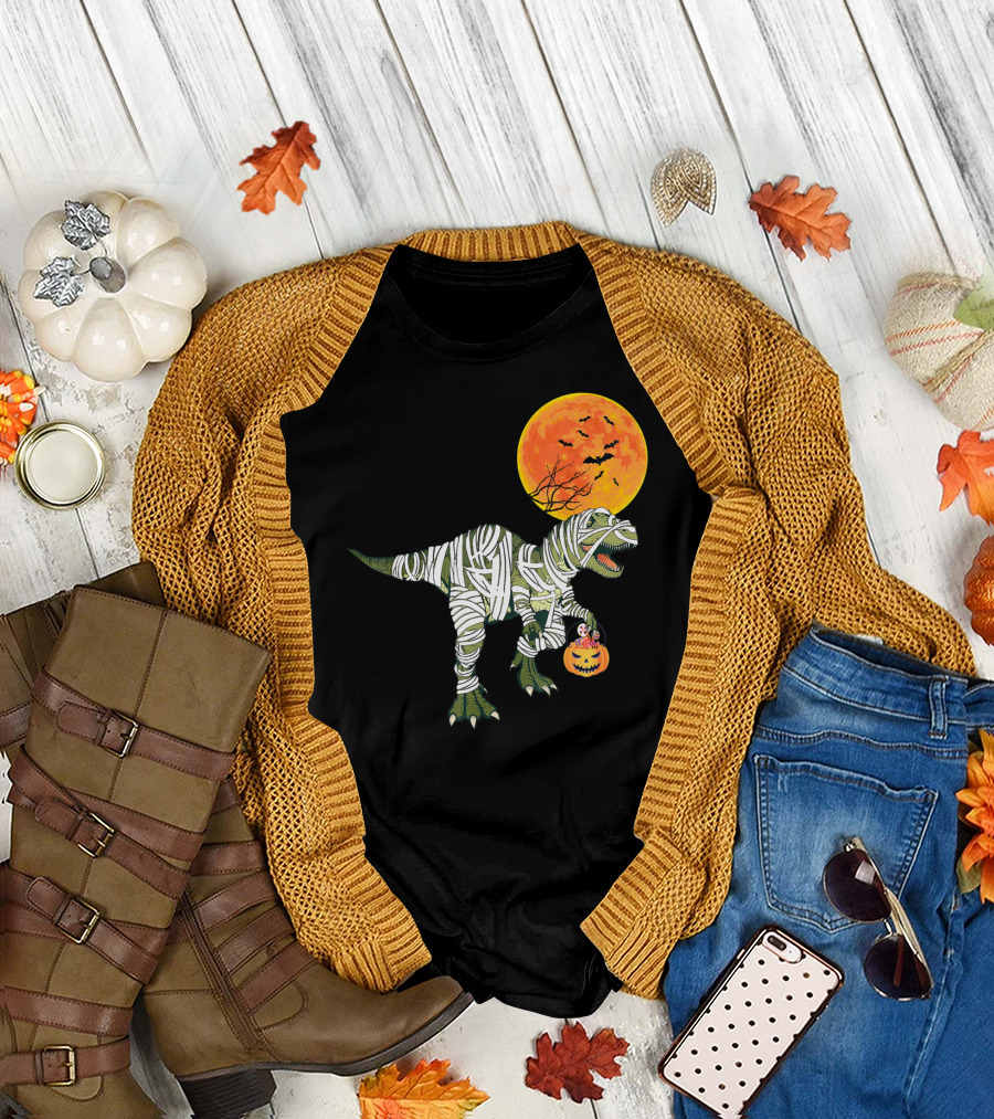 Dinosaur Halloween Mummy With Pumpkin And Full Moon Background T-Shirt