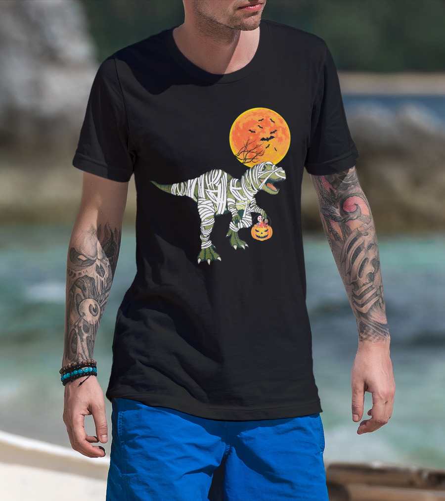 Dinosaur Halloween Mummy With Pumpkin And Full Moon Background T-Shirt