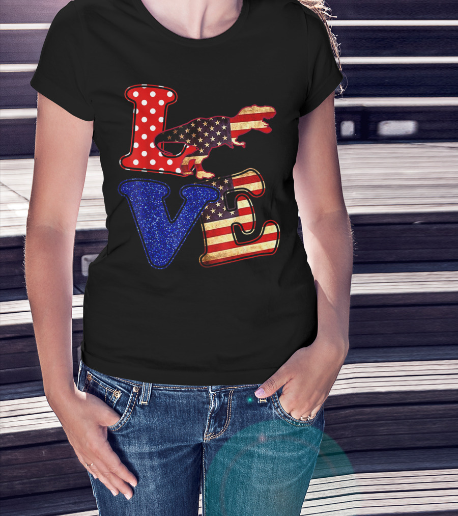 LOVE Dinosaur American Flag 4th Of July Amerisaurus Rex T-Shirt