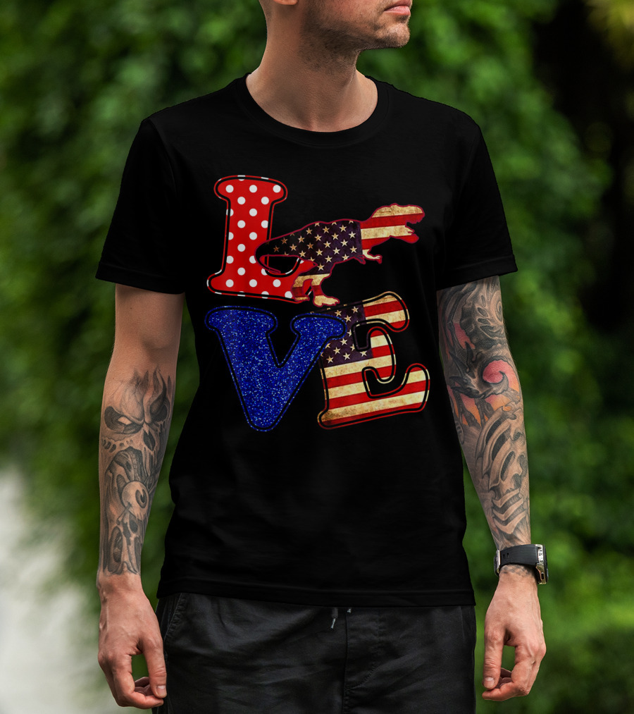 LOVE Dinosaur American Flag 4th Of July Amerisaurus Rex T-Shirt