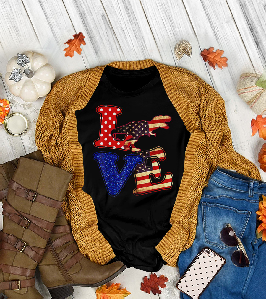 LOVE Dinosaur American Flag 4th Of July Amerisaurus Rex T-Shirt