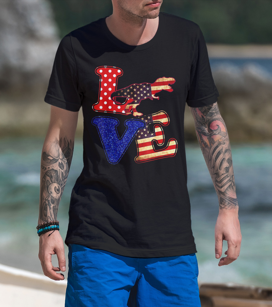 LOVE Dinosaur American Flag 4th Of July Amerisaurus Rex T-Shirt