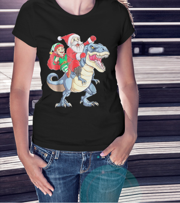 Dinosaur Christmas Santa And Elf Riding T-Rex T-Shirt
