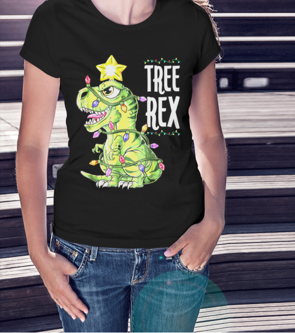 Tree Rex Dinosaur Christmas Lights Boys T-Shirt