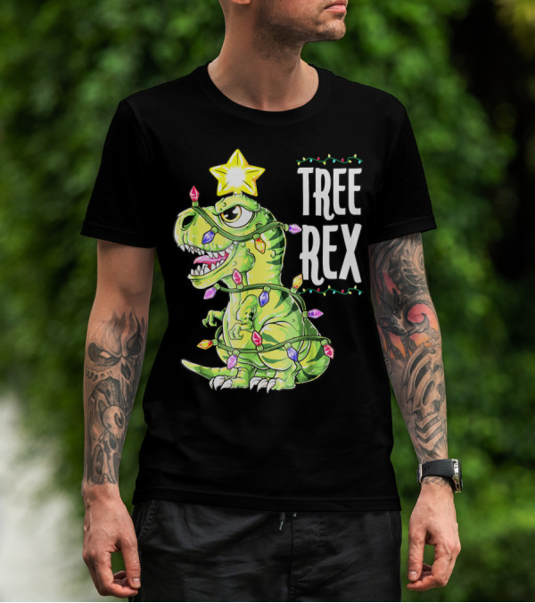 Tree Rex Dinosaur Christmas Lights Boys T-Shirt