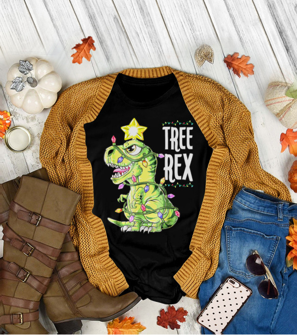 Tree Rex Dinosaur Christmas Lights Boys T-Shirt