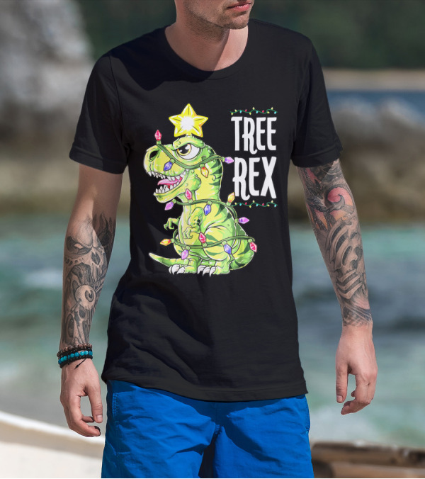 Tree Rex Dinosaur Christmas Lights Boys T-Shirt