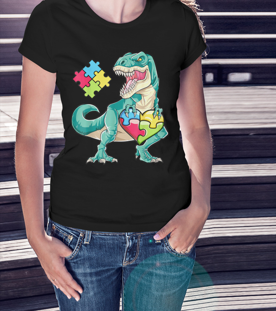 Dinosaur Holding Puzzle Heart Autism Awareness Boys T-Shirt