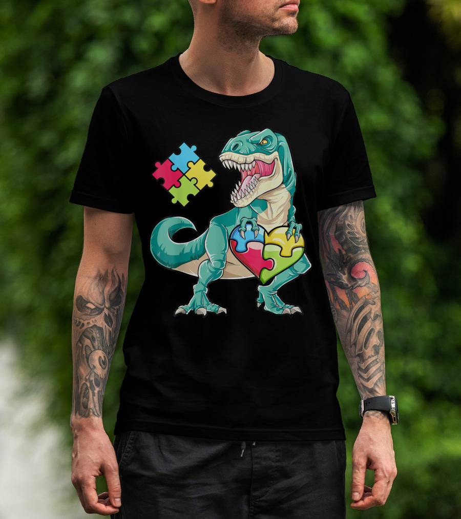 Dinosaur Holding Puzzle Heart Autism Awareness Boys T-Shirt