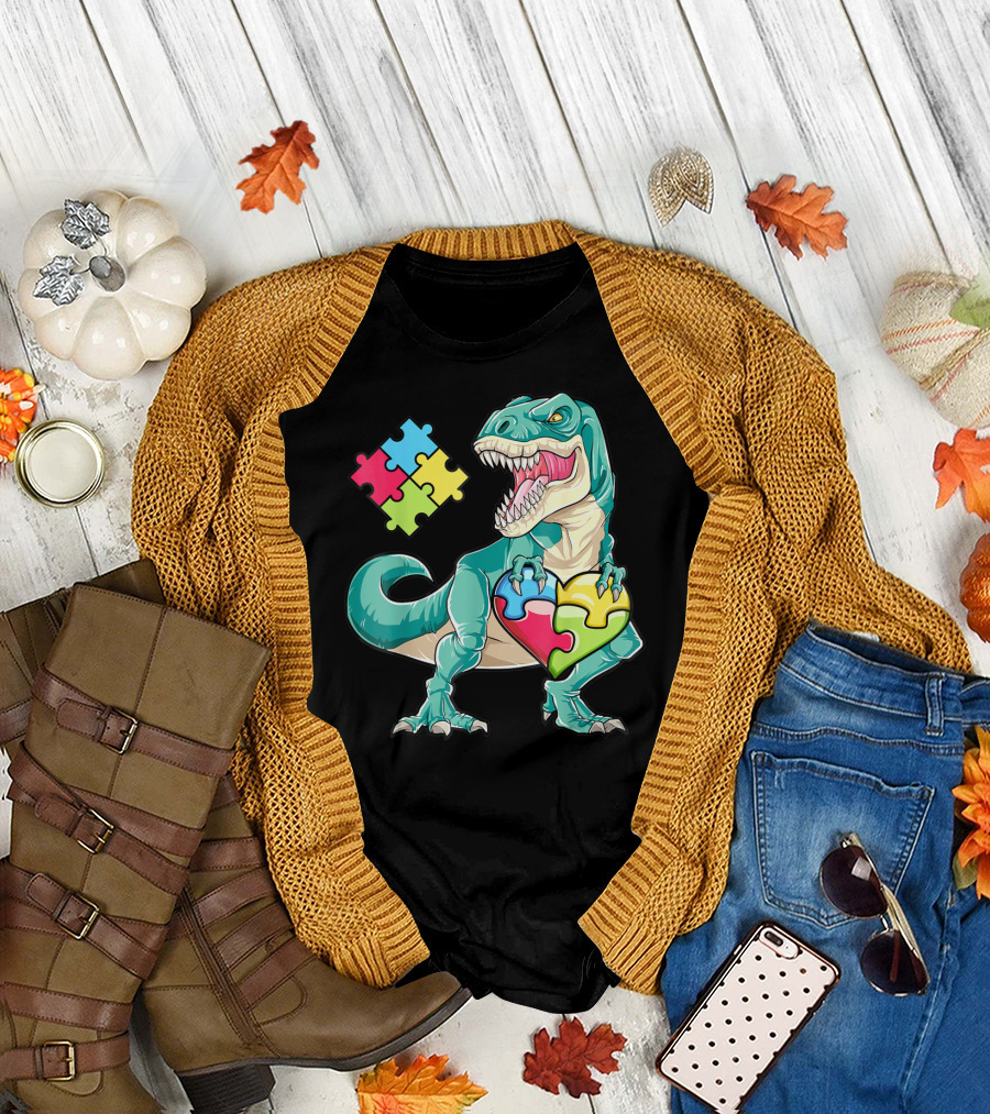 Dinosaur Holding Puzzle Heart Autism Awareness Boys T-Shirt