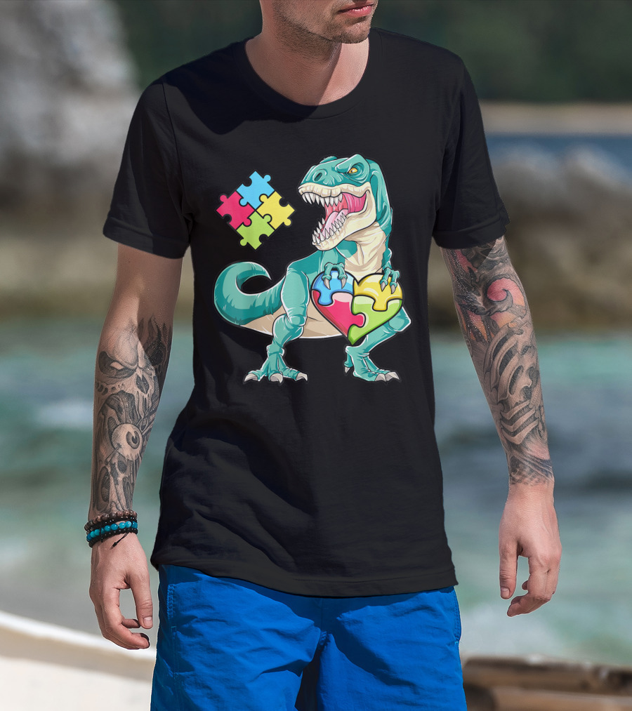 Dinosaur Holding Puzzle Heart Autism Awareness Boys T-Shirt