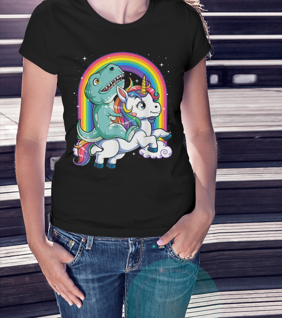 Dinosaur Riding Unicorn Rainbow Rex Sparkle Stars Fantasy T-Shirt
