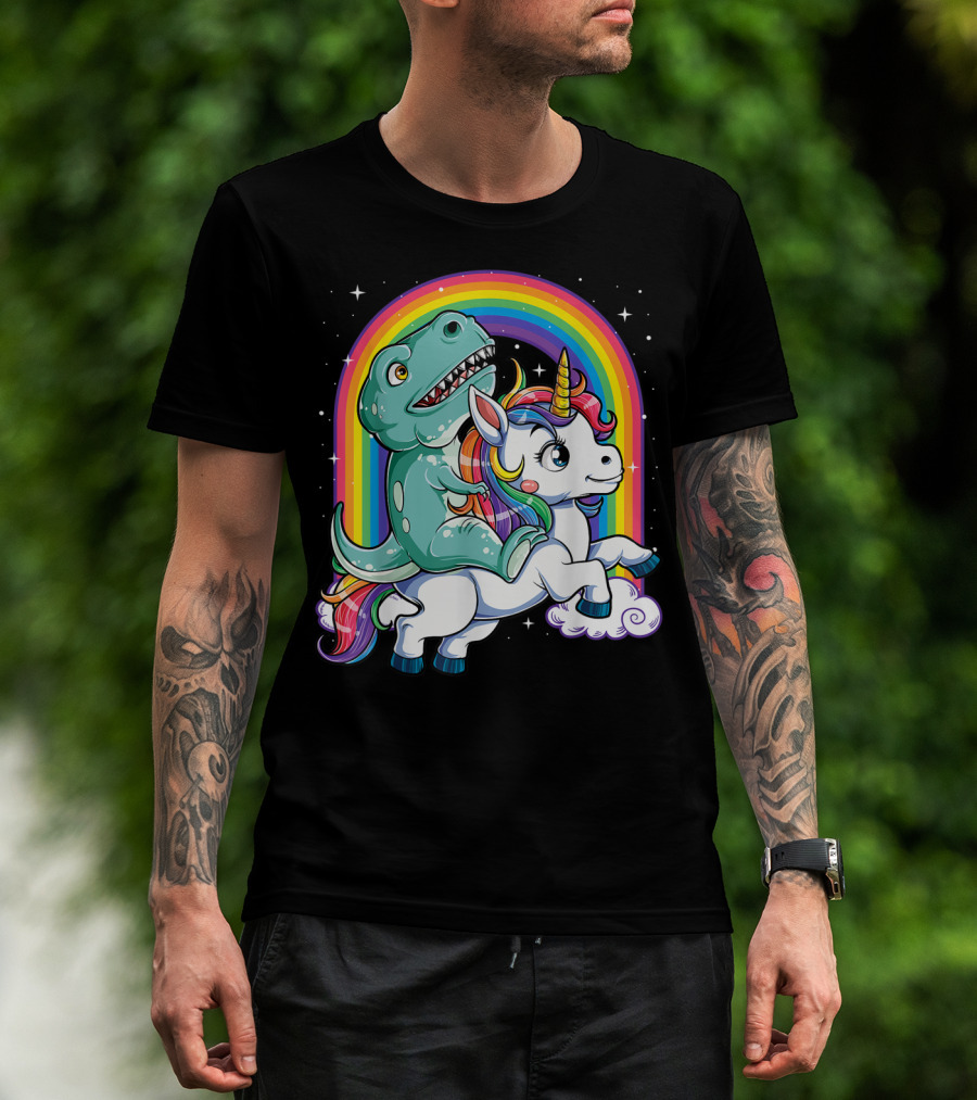 Dinosaur Riding Unicorn Rainbow Rex Sparkle Stars Fantasy T-Shirt