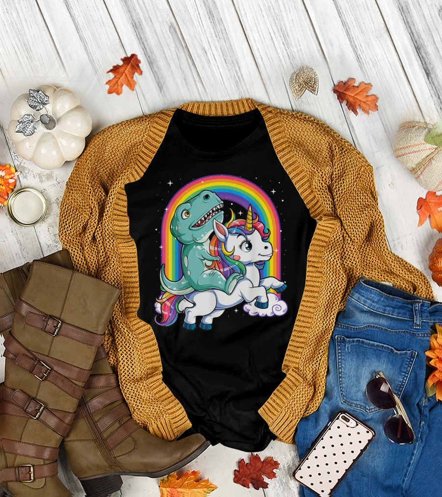 Dinosaur Riding Unicorn Rainbow Rex Sparkle Stars Fantasy T-Shirt