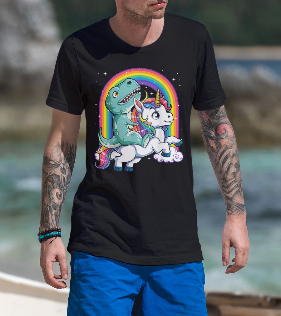 Dinosaur Riding Unicorn Rainbow Rex Sparkle Stars Fantasy T-Shirt