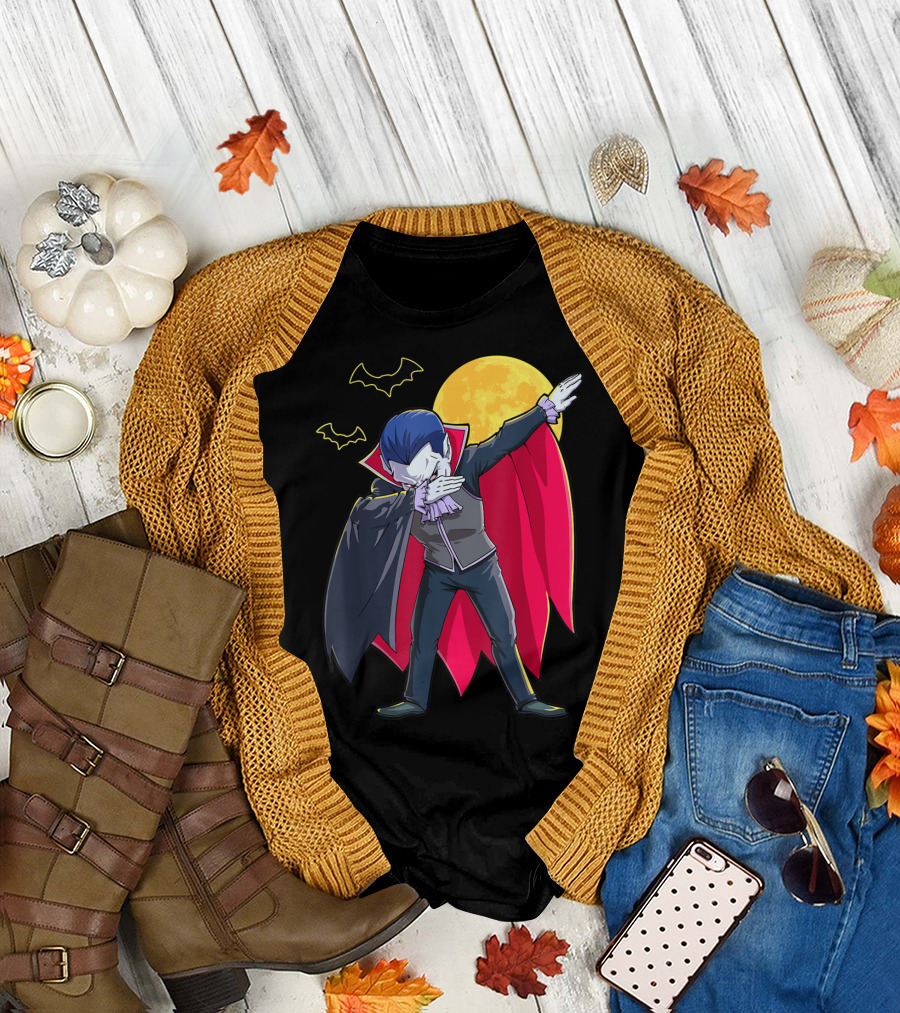 Dracula Vampire Dabbing Count Dabula Halloween Bats Moon T-Shirt