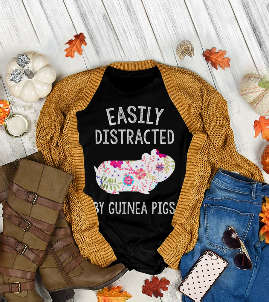 Easily Distracted By Guinea Pigs Floral Piggie Lover T-Shirt