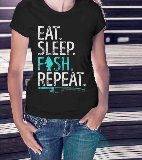EAT SLEEP FISH REPEAT KIDS FISHING FISHING ROD TEAL FISH T-Shirt
