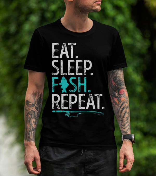 EAT SLEEP FISH REPEAT KIDS FISHING FISHING ROD TEAL FISH T-Shirt