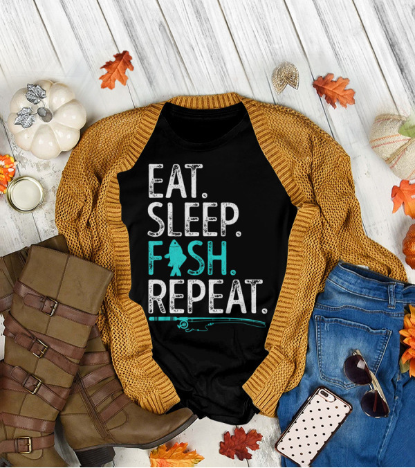 EAT SLEEP FISH REPEAT KIDS FISHING FISHING ROD TEAL FISH T-Shirt