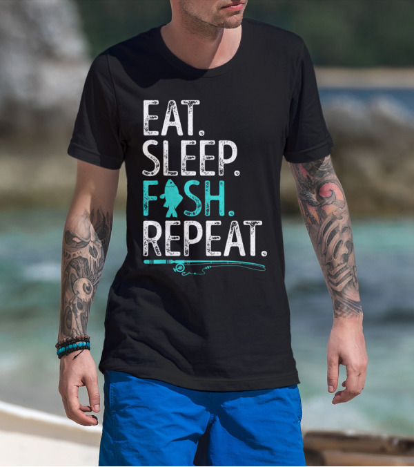 EAT SLEEP FISH REPEAT KIDS FISHING FISHING ROD TEAL FISH T-Shirt