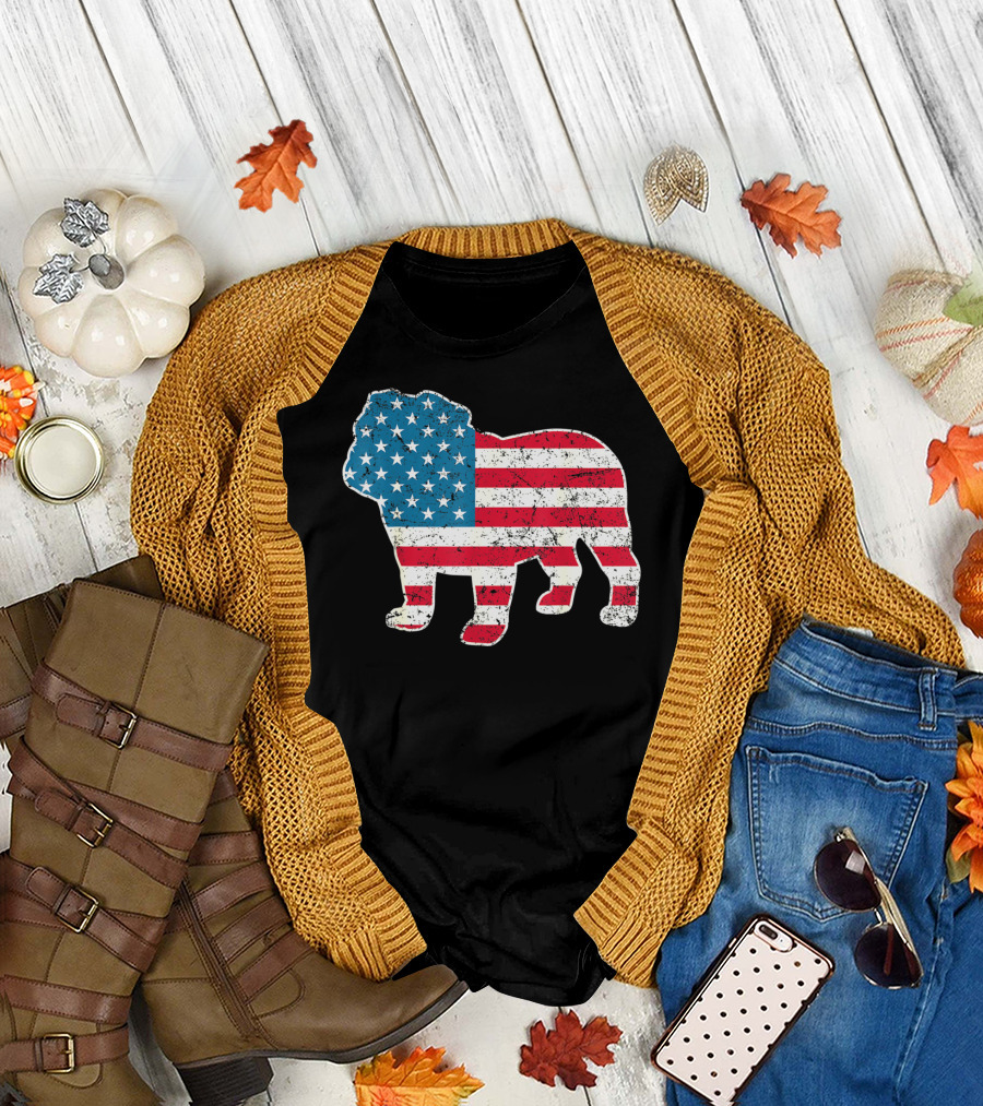 English Bulldog American Flag USA 4th Of July Dog T-Shirt
