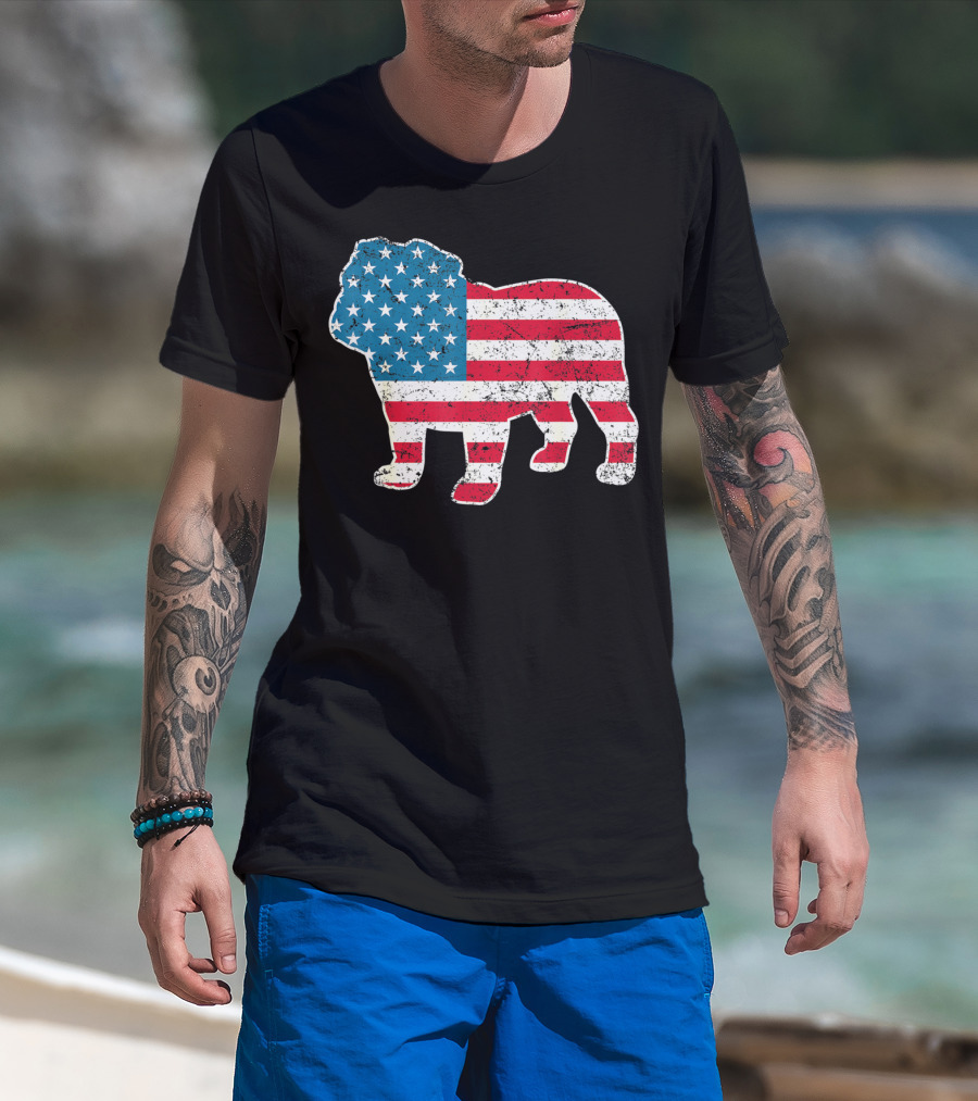 English Bulldog American Flag USA 4th Of July Dog T-Shirt