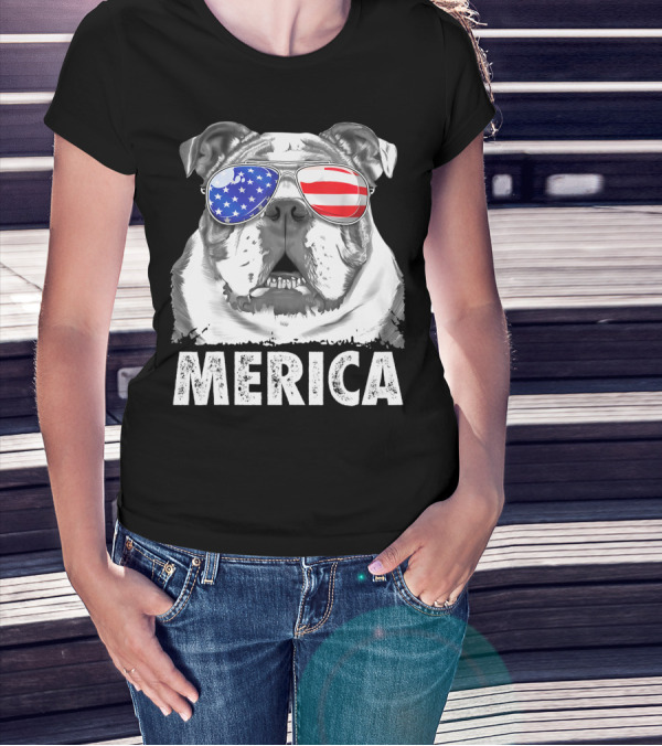 Merica English Bulldog USA Flag Sunglasses T-Shirt