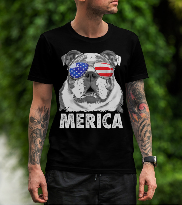 Merica English Bulldog USA Flag Sunglasses T-Shirt