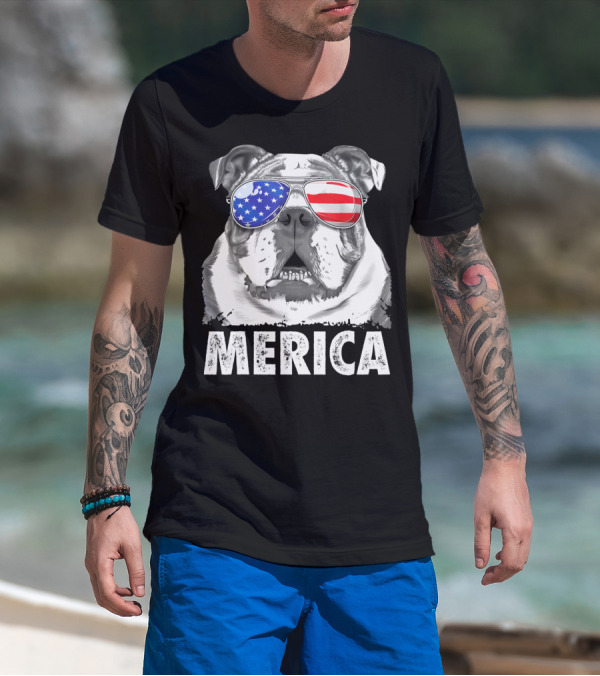 Merica English Bulldog USA Flag Sunglasses T-Shirt