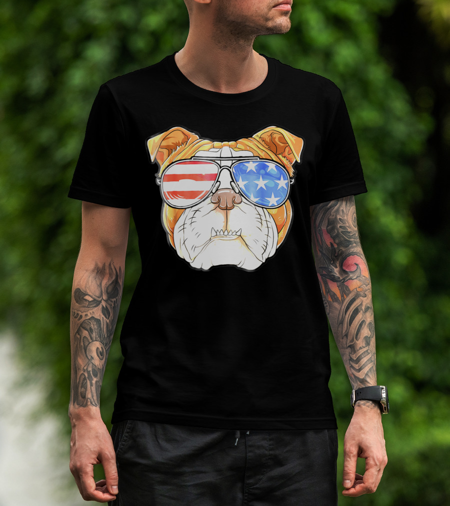 English Bulldog American Flag Sunglasses Patriotic 4th Of July Dog T-Shirt