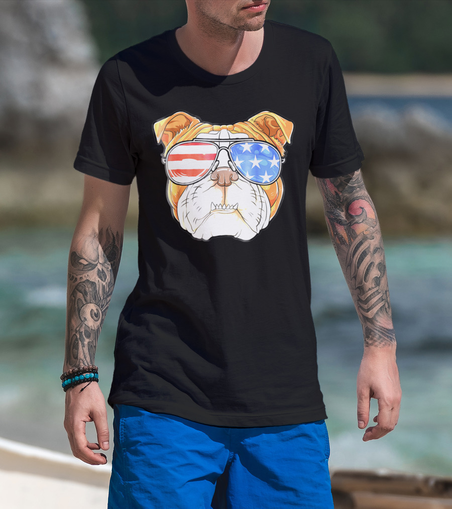English Bulldog American Flag Sunglasses Patriotic 4th Of July Dog T-Shirt