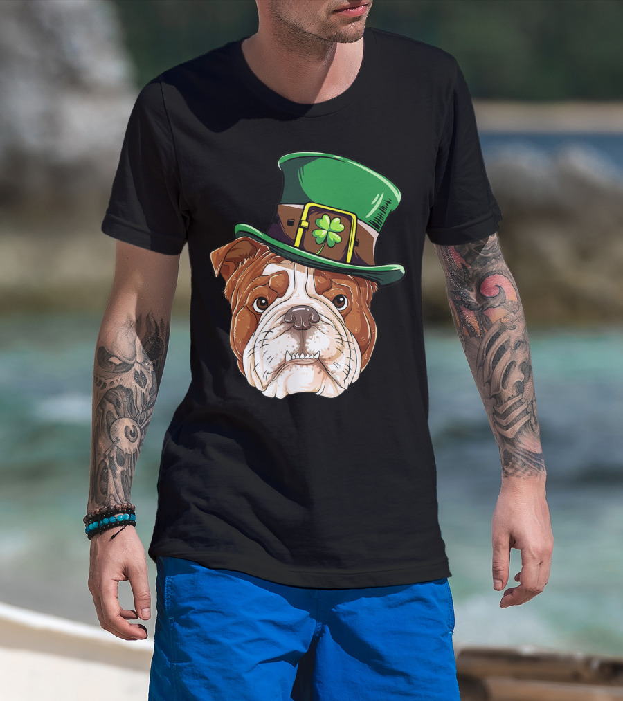 St Patricks Day English Bulldog Leprechaun Hat T-Shirt
