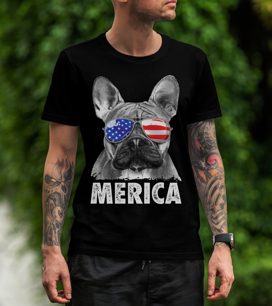 Merica French Bulldog American Flag Sunglasses 4th Of July USA T-Shirt