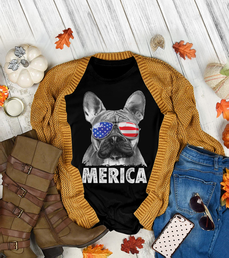 Merica French Bulldog American Flag Sunglasses 4th Of July USA T-Shirt
