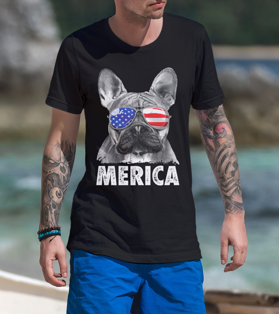 Merica French Bulldog American Flag Sunglasses 4th Of July USA T-Shirt