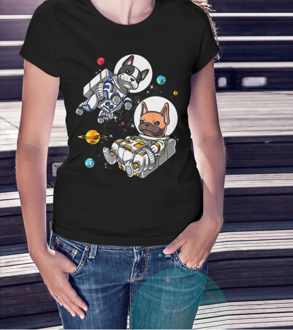 French Bulldog Astronauts In Space With Planets And Stars T-Shirt