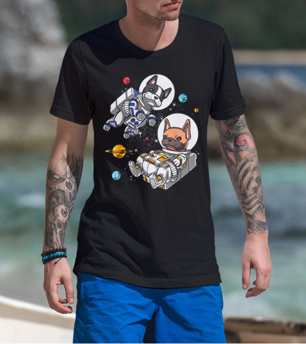 French Bulldog Astronauts In Space With Planets And Stars T-Shirt