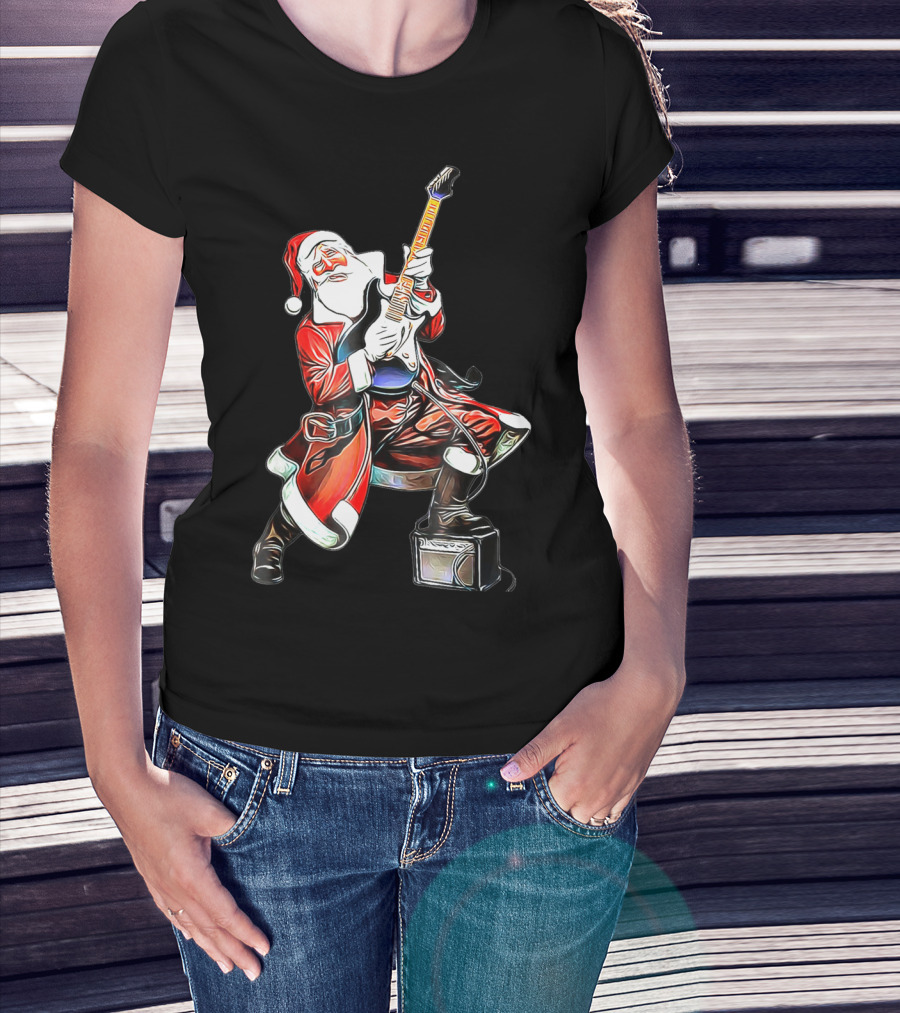 Funny Christmas Rock N Roll Santa Playing Guitar T-Shirt