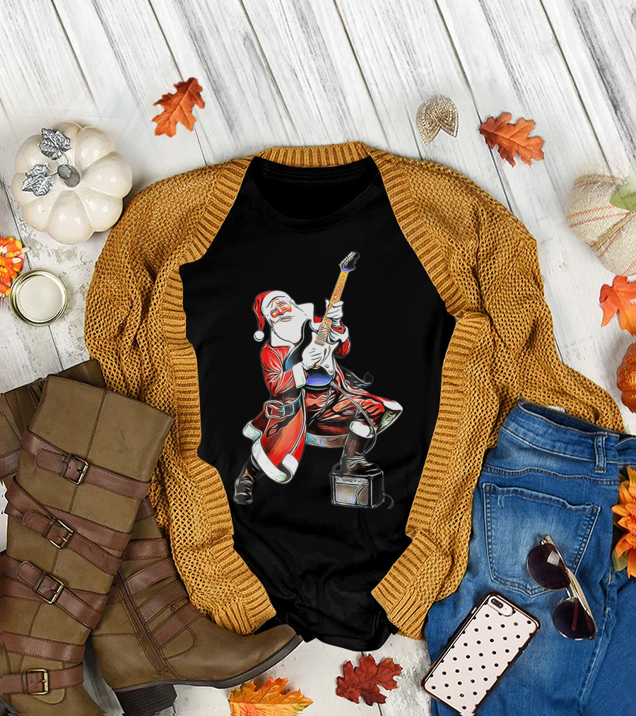 Funny Christmas Rock N Roll Santa Playing Guitar T-Shirt