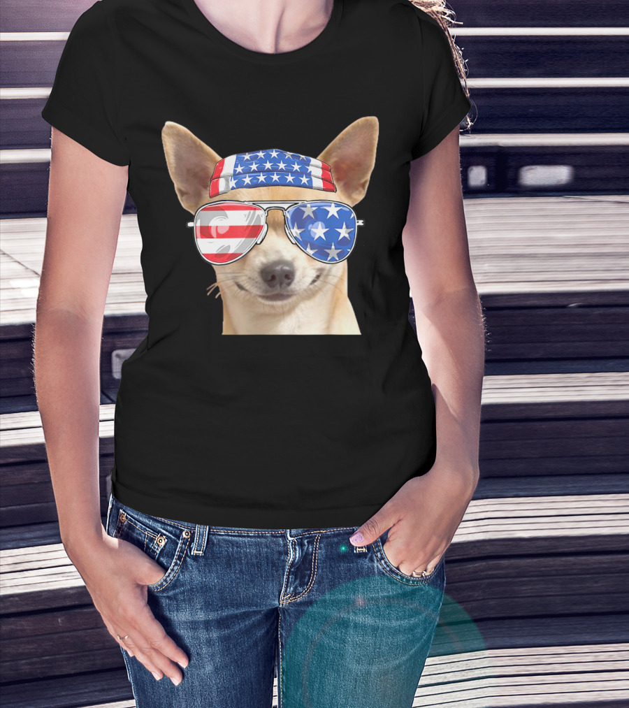 Patriotic Chihuahua With American Flag Bandana And Sunglasses For 4th Of July T-Shirt