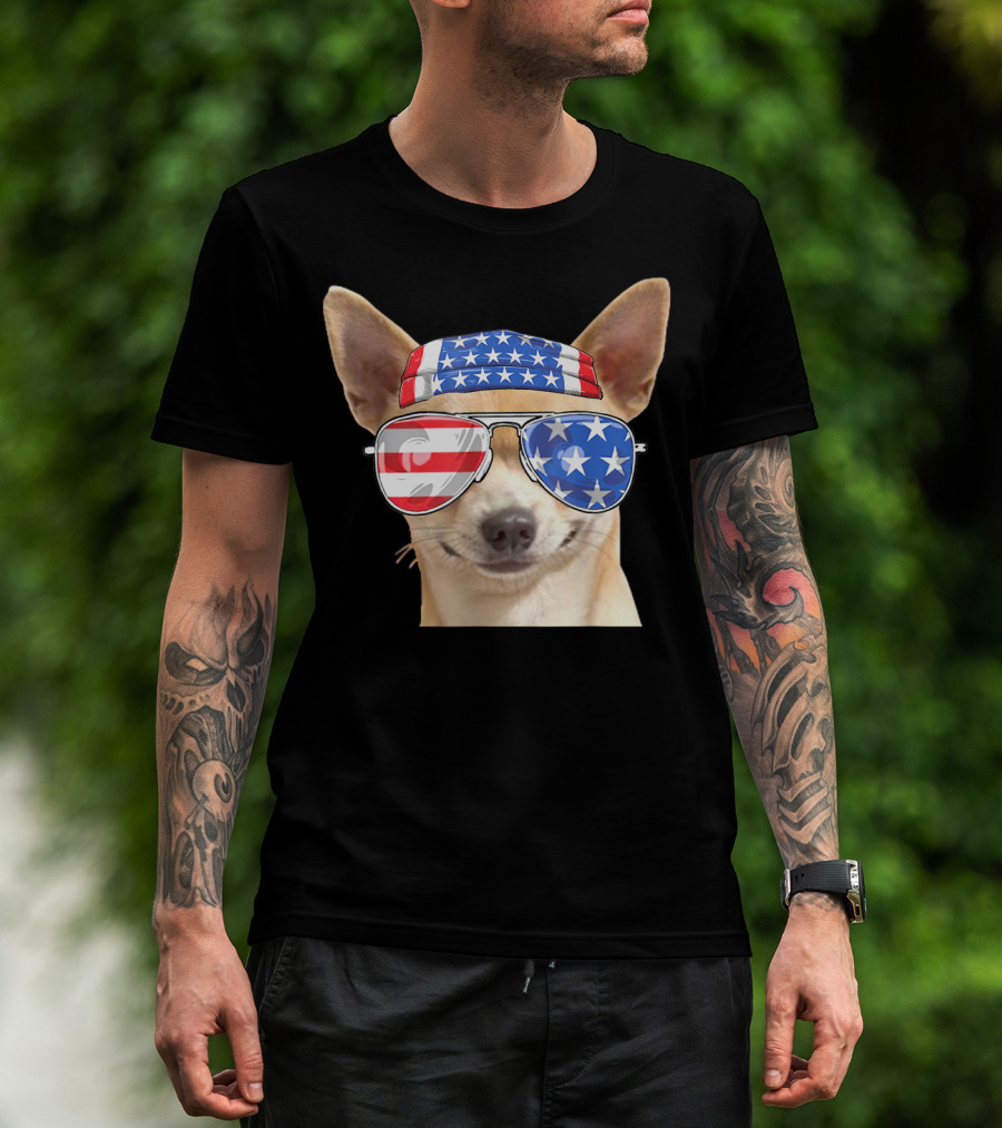 Patriotic Chihuahua With American Flag Bandana And Sunglasses For 4th Of July T-Shirt