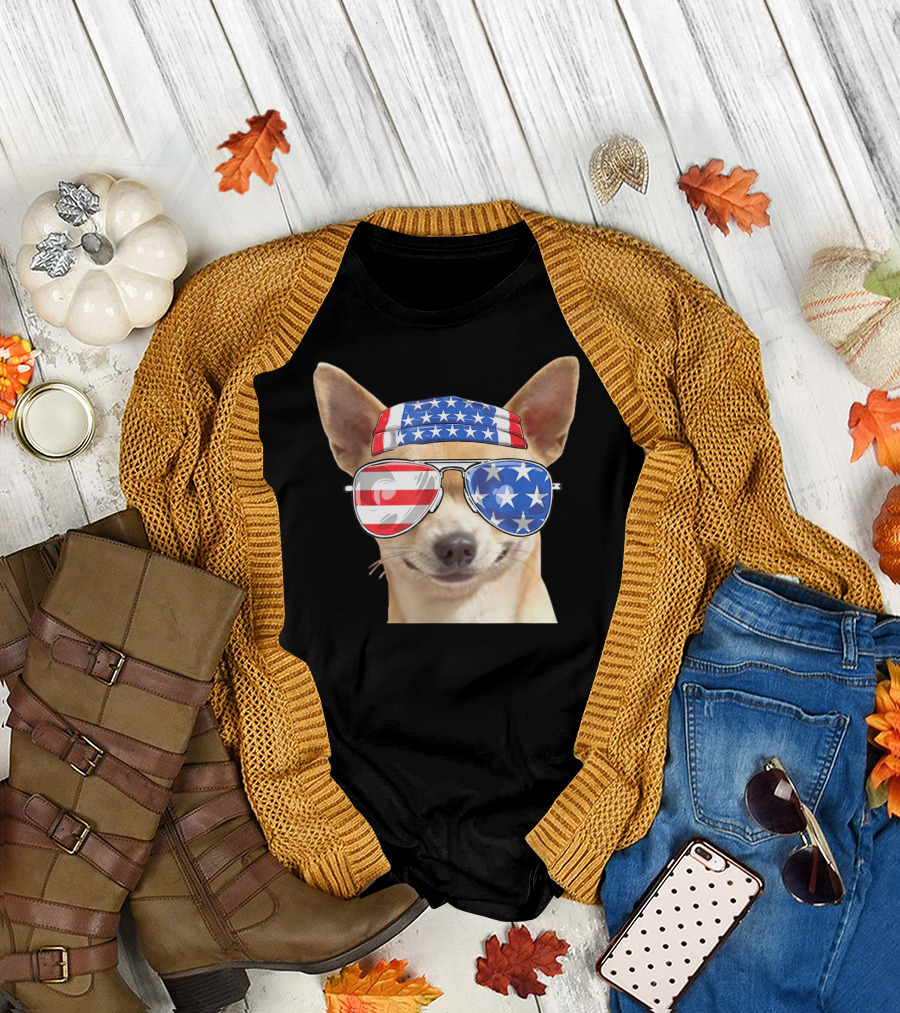 Patriotic Chihuahua With American Flag Bandana And Sunglasses For 4th Of July T-Shirt
