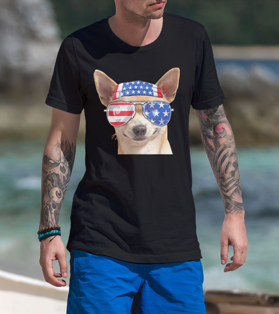 Patriotic Chihuahua With American Flag Bandana And Sunglasses For 4th Of July T-Shirt