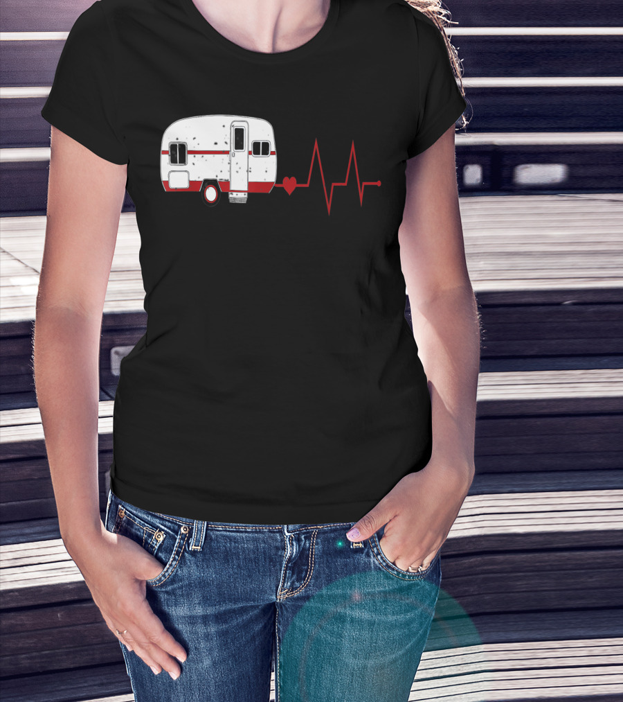 Funny Valentine's Day Camping Women Girls Heartbeat Camper T-Shirt