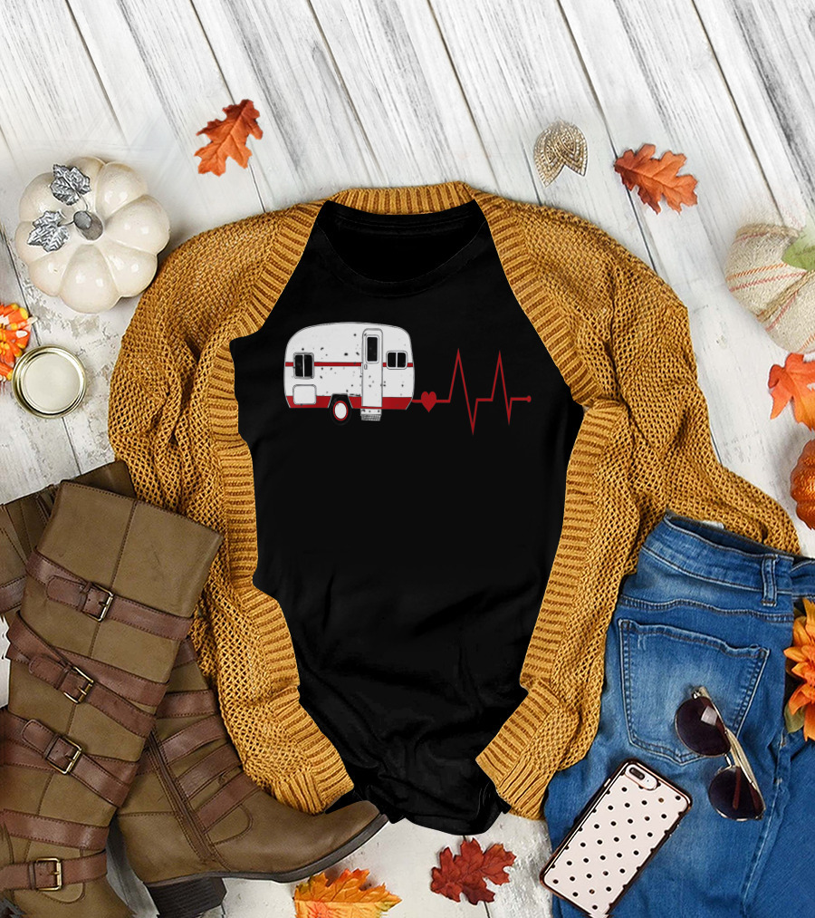 Funny Valentine's Day Camping Women Girls Heartbeat Camper T-Shirt