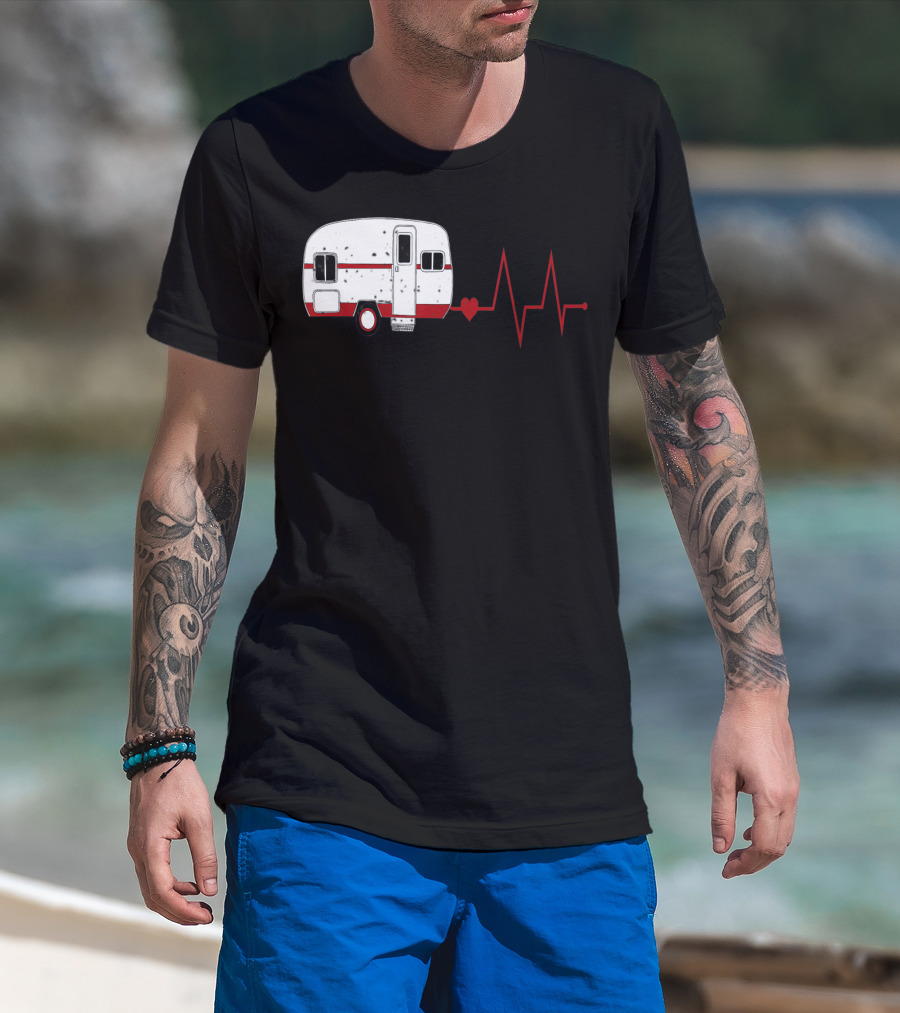 Funny Valentine's Day Camping Women Girls Heartbeat Camper T-Shirt