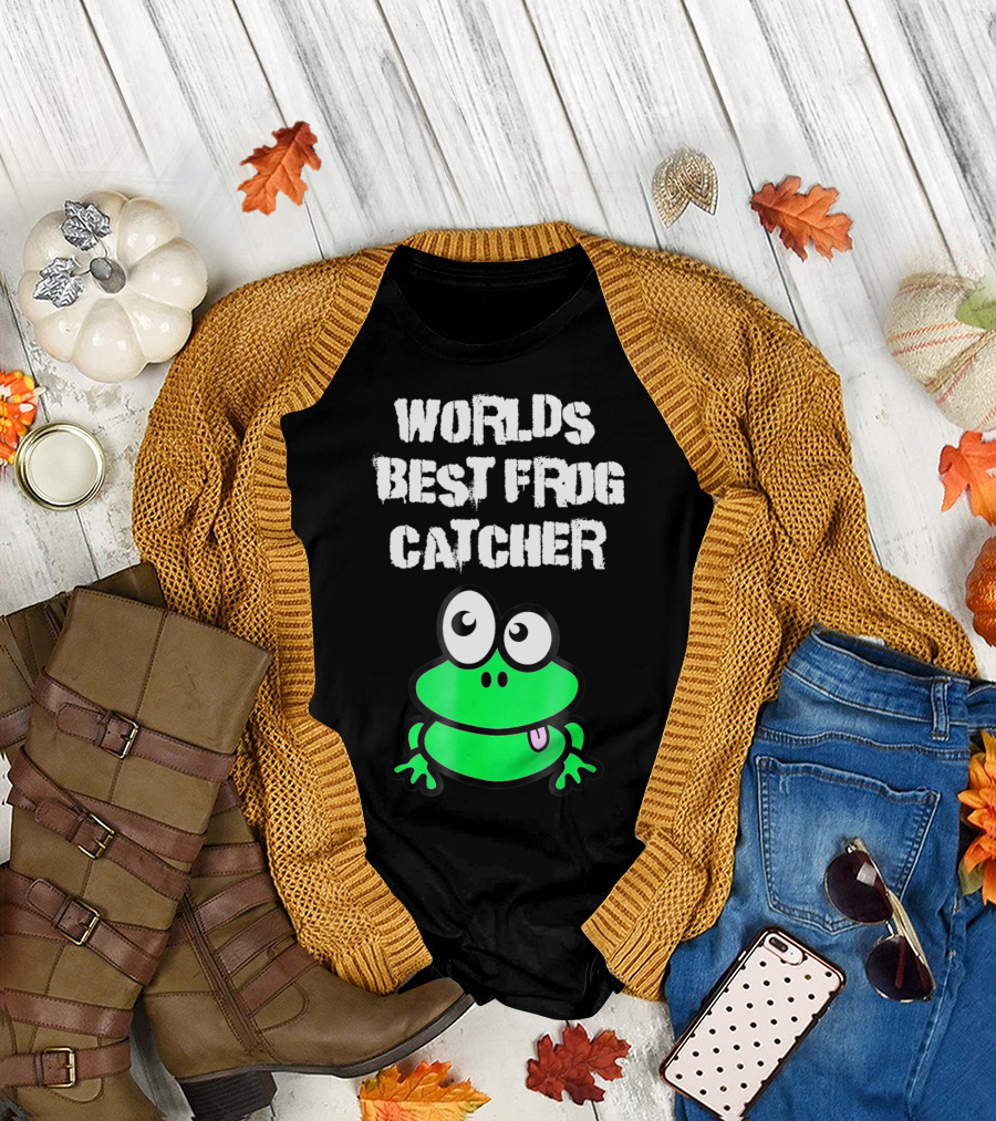Worlds Best Frog Catcher Funny Green Cartoon Frog Character T-Shirt