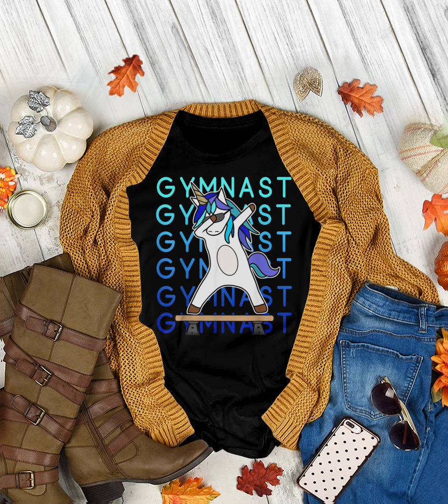 Gymnast Unicorn Dabbing on Balance Beam for Girls Gymnastics T-Shirt
